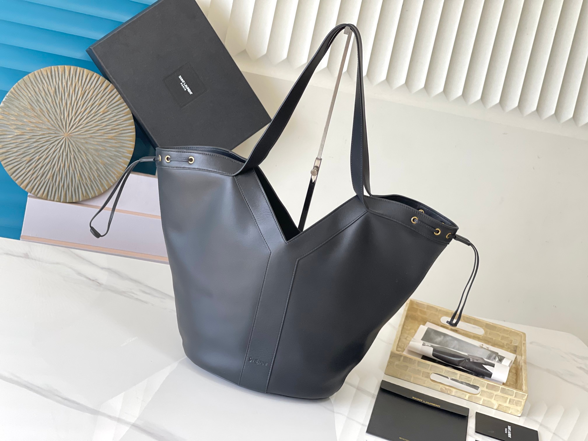 YSL Large Leather HOBO Bag Fine Grain Leather Tonal Leather Fully Lined Design