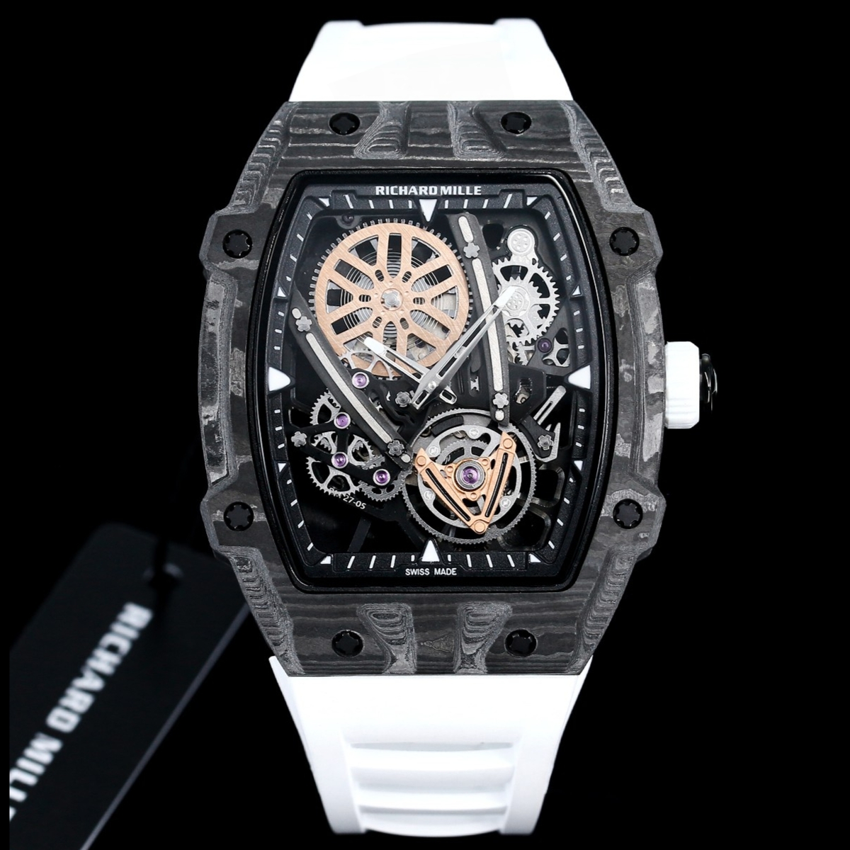 NO:336420,RICHARD MILLE RM 27-05 Flying Tourbillon Rafael Nadal Floating Tourbillon Watch——Ultra-light and ultra-thin The whole watch weighs only 38g (including the strap), the case thickness is only about 9 mm. The whole watch size is 37.25× 47.25× 9mm. RICHARD MILLE has just launched an amazing new co-branded work with the famous tennis player Rafael Nadal - 