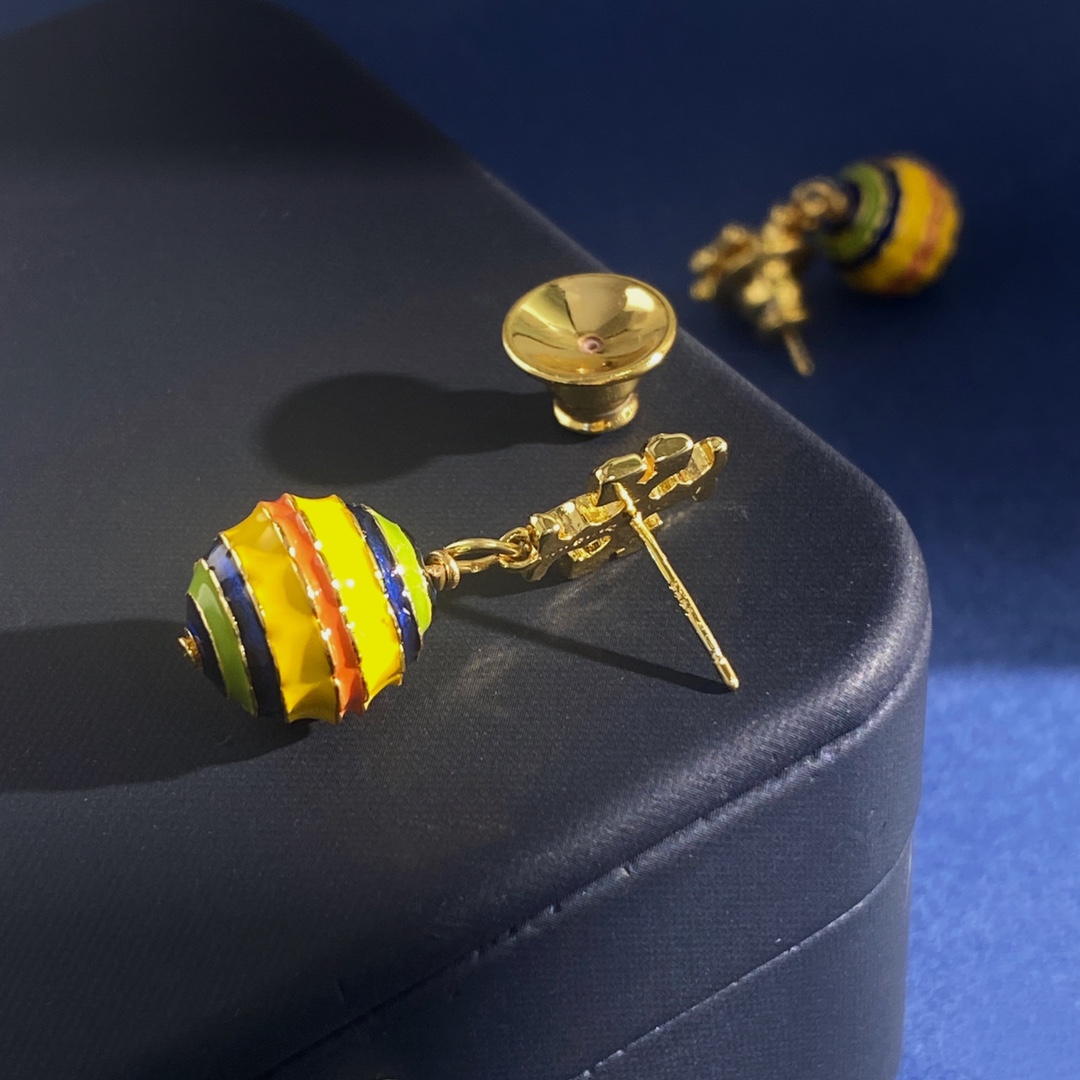 Tory Burch Tory Burch托里伯奇欧美 风金色双T形糖果色珐琅滴油条纹热气球吊坠耳钉 黄铜材料 重约16
