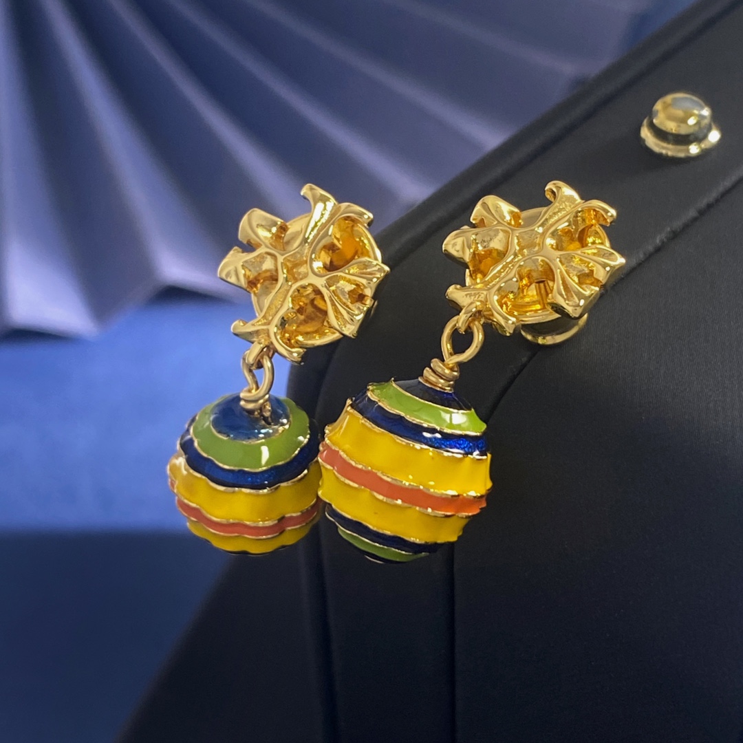 Tory Burch Tory Burch托里伯奇欧美 风金色双T形糖果色珐琅滴油条纹热气球吊坠耳钉 黄铜材料 重约16