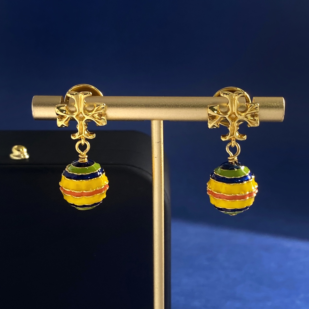 Tory Burch Tory Burch托里伯奇欧美 风金色双T形糖果色珐琅滴油条纹热气球吊坠耳钉 黄铜材料 重约16