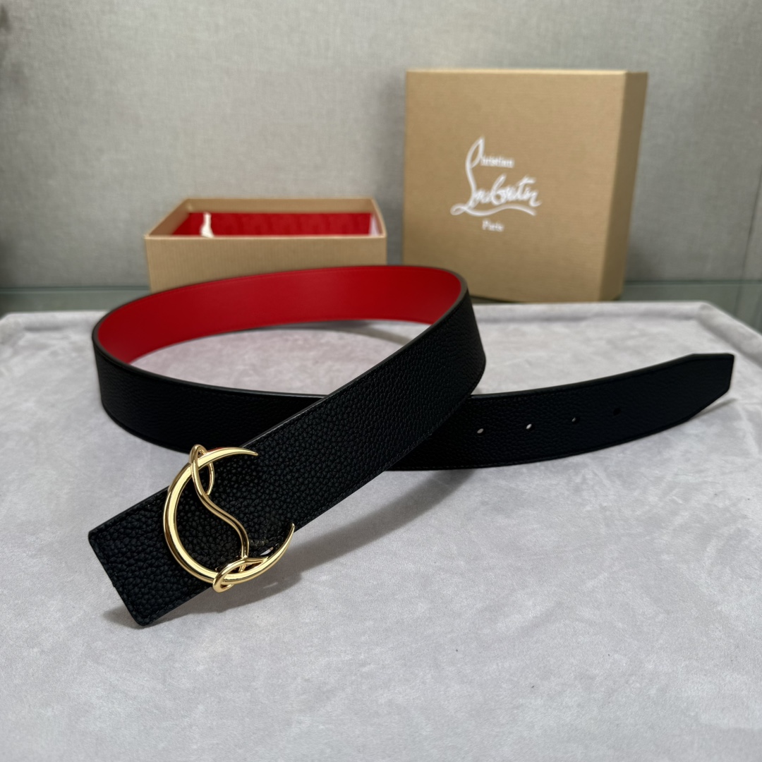  配包装盒3.8宽Christian Louboutin 男士Ricky标志性徽标搭扣黑色腰带红色底，双