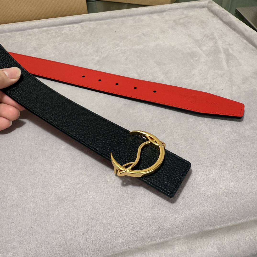  配包装盒3.8宽Christian Louboutin 男士Ricky标志性徽标搭扣黑色腰带红色底，双