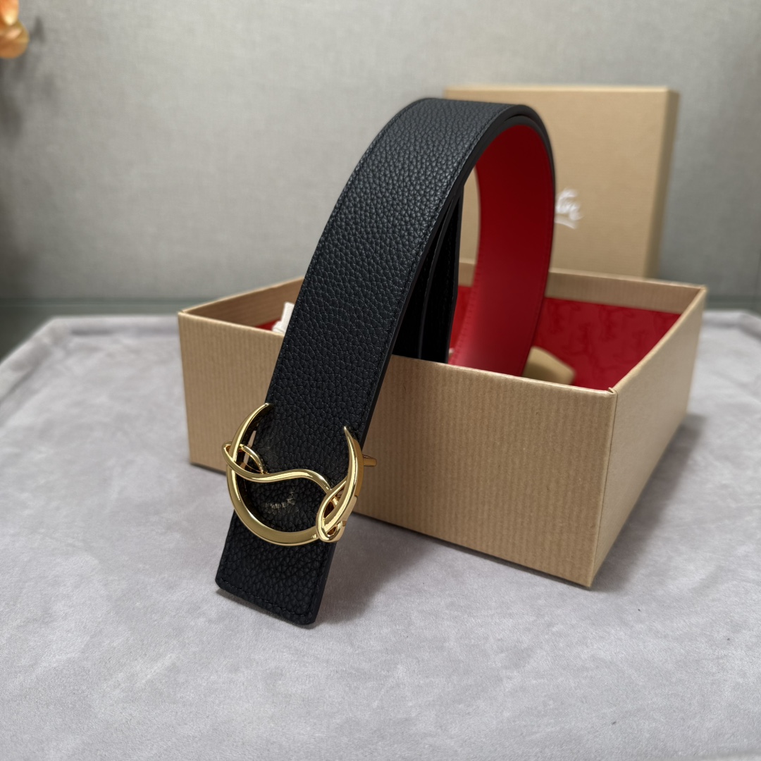  配包装盒3.8宽Christian Louboutin 男士Ricky标志性徽标搭扣黑色腰带红色底，双