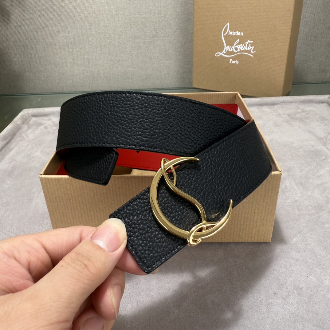  配包装盒3.8宽Christian Louboutin 男士Ricky标志性徽标搭扣黑色腰带红色底，双