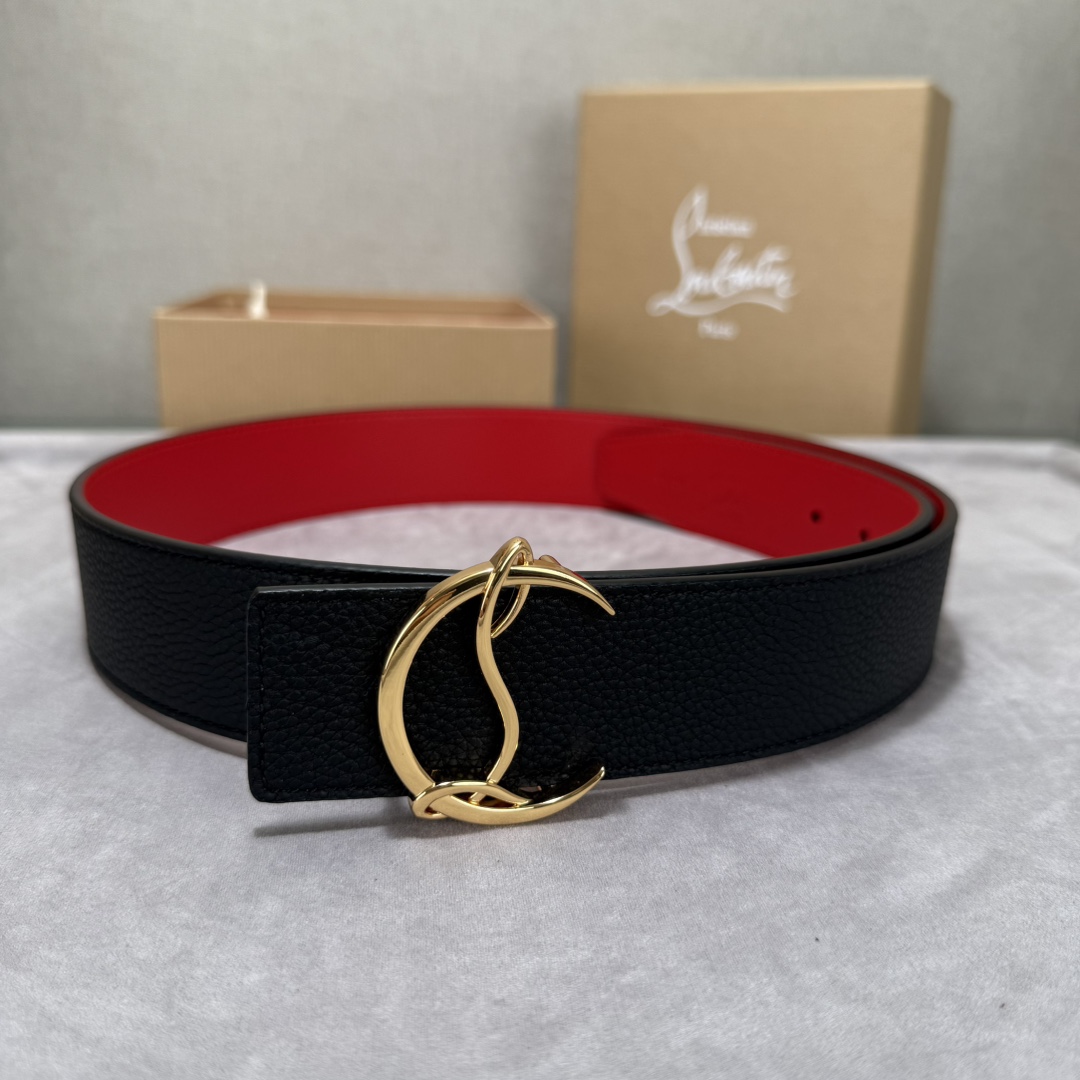  配包装盒3.8宽Christian Louboutin 男士Ricky标志性徽标搭扣黑色腰带红色底，双