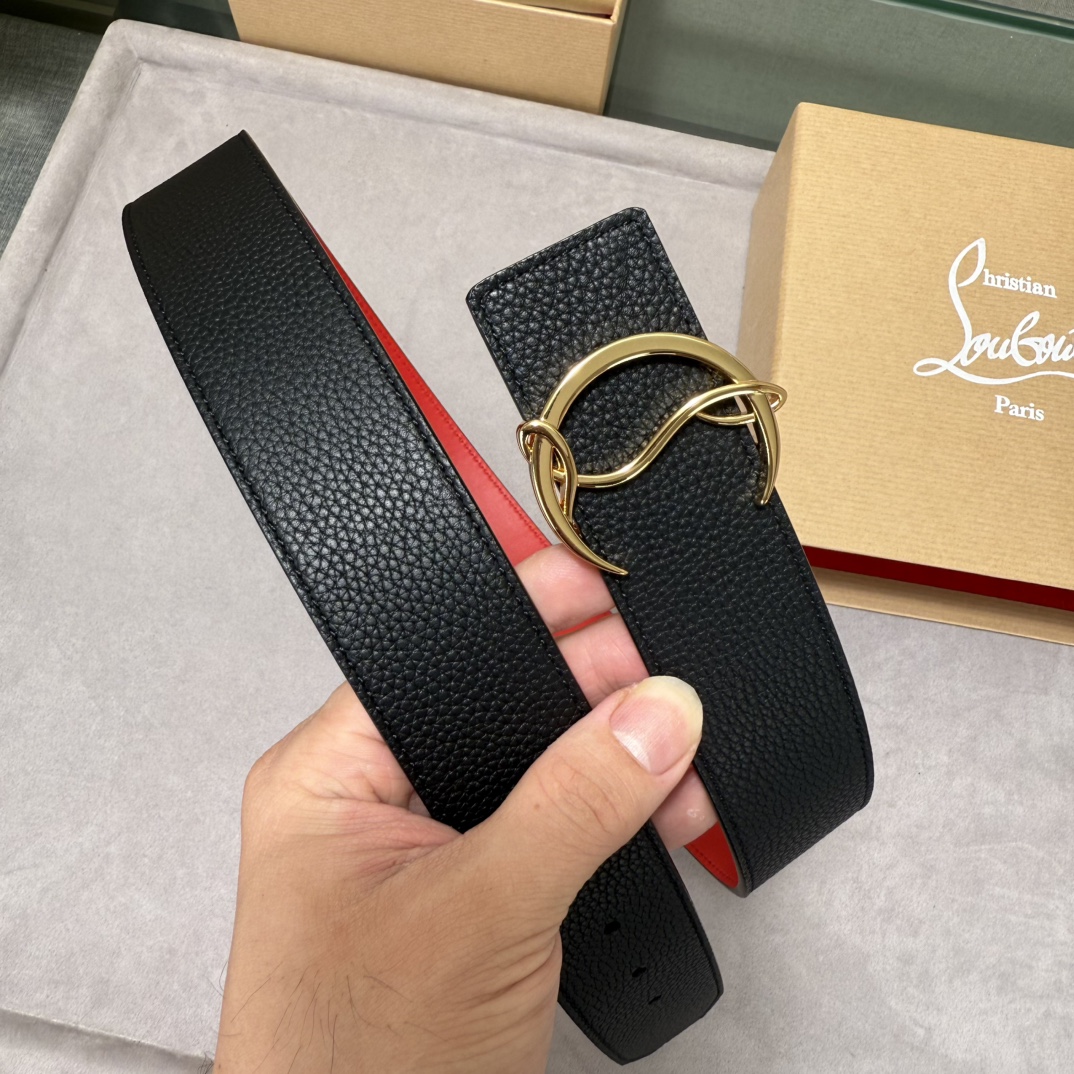  配包装盒3.8宽Christian Louboutin 男士Ricky标志性徽标搭扣黑色腰带红色底，双