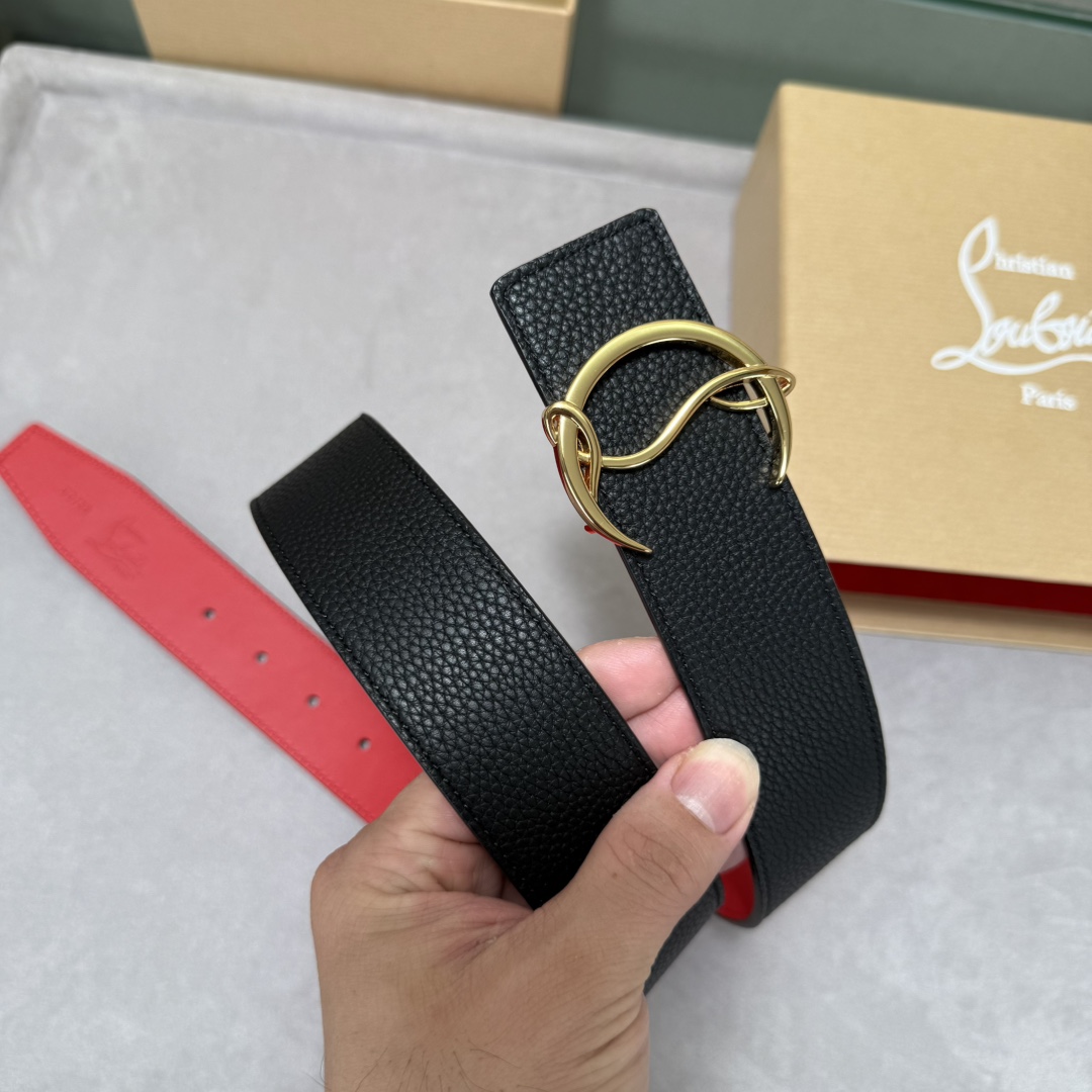  配包装盒3.8宽Christian Louboutin 男士Ricky标志性徽标搭扣黑色腰带红色底，双