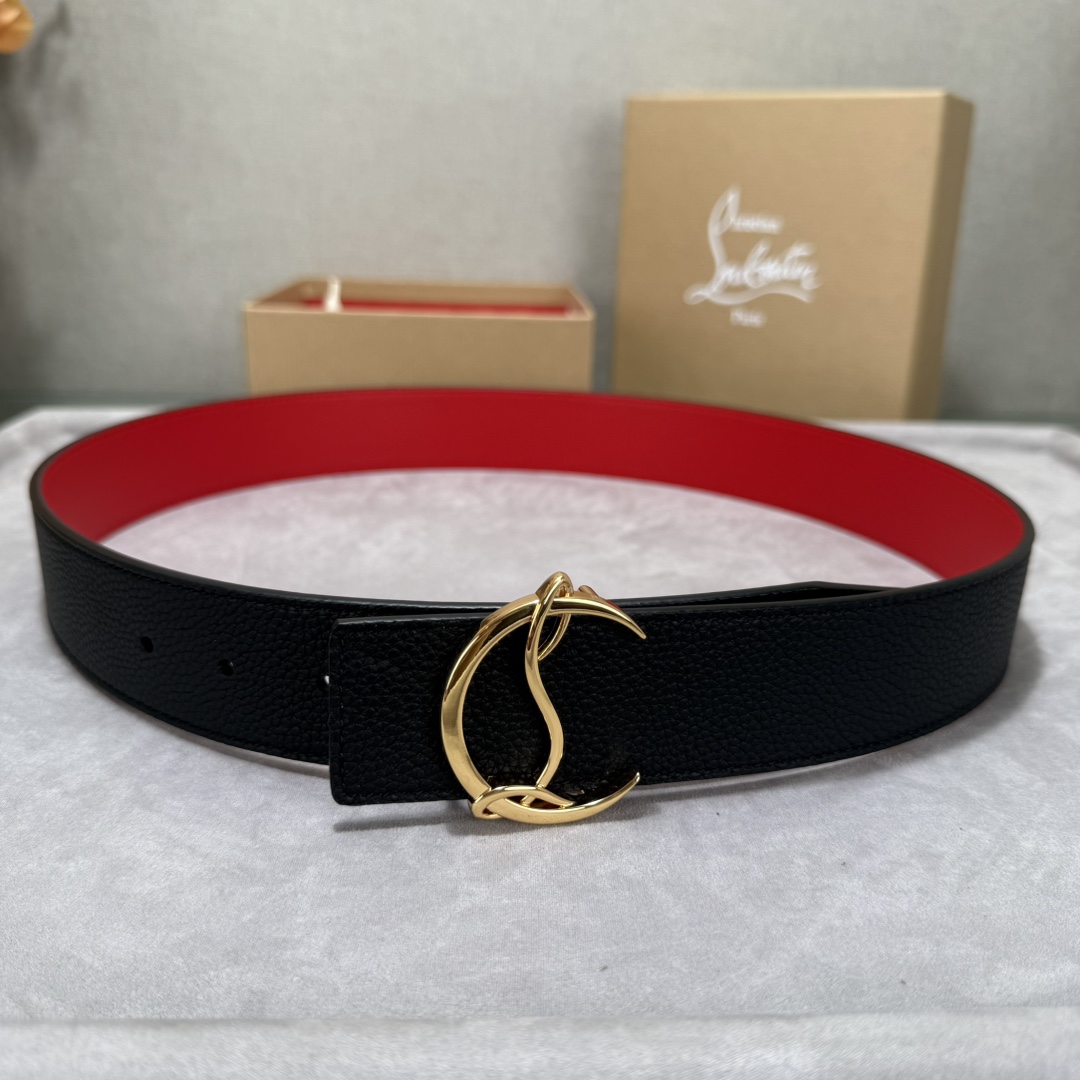  配包装盒3.8宽Christian Louboutin 男士Ricky标志性徽标搭扣黑色腰带红色底，双
