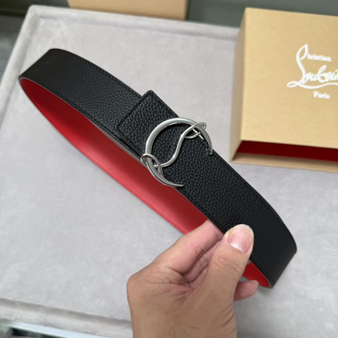  配包装盒3.8宽Christian Louboutin 男士Ricky标志性徽标搭扣黑色腰带红色底，双