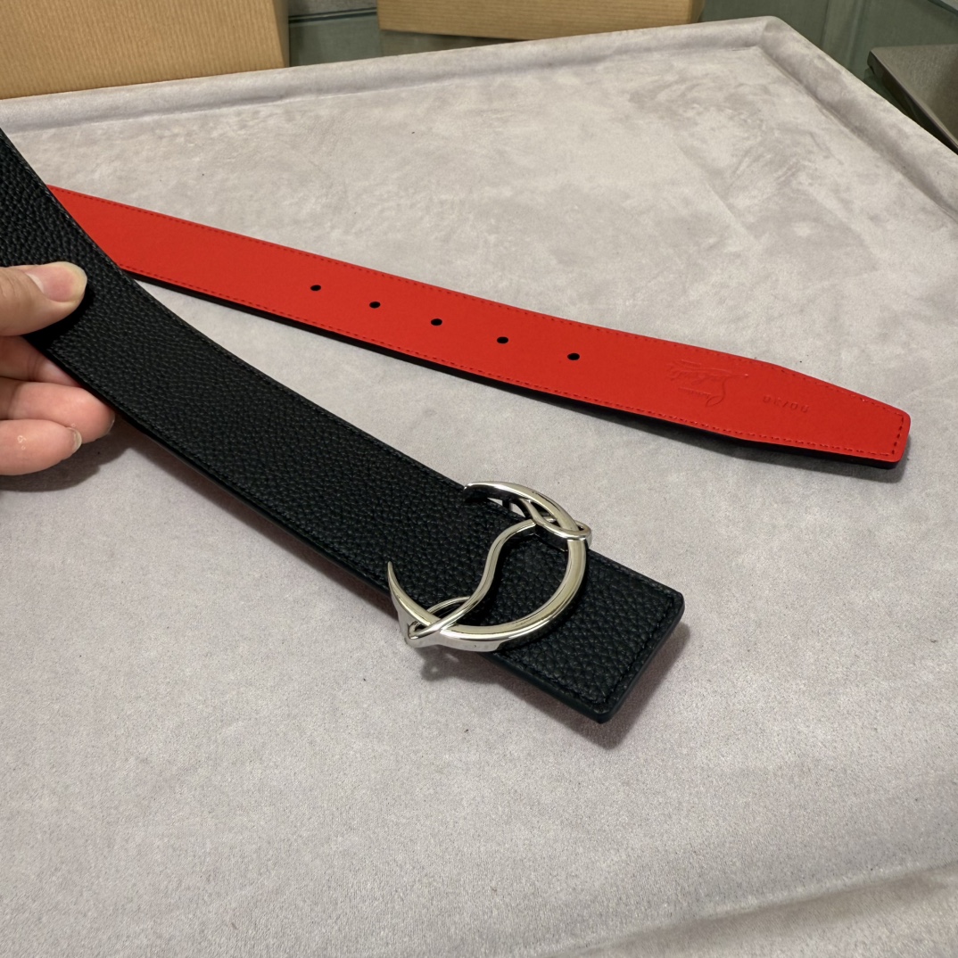  配包装盒3.8宽Christian Louboutin 男士Ricky标志性徽标搭扣黑色腰带红色底，双