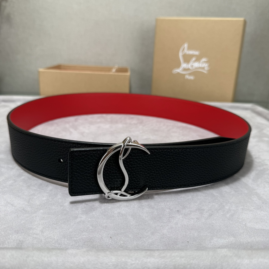 配包装盒3.8宽Christian Louboutin 男士Ricky标志性徽标搭扣黑色腰带红色底，双
