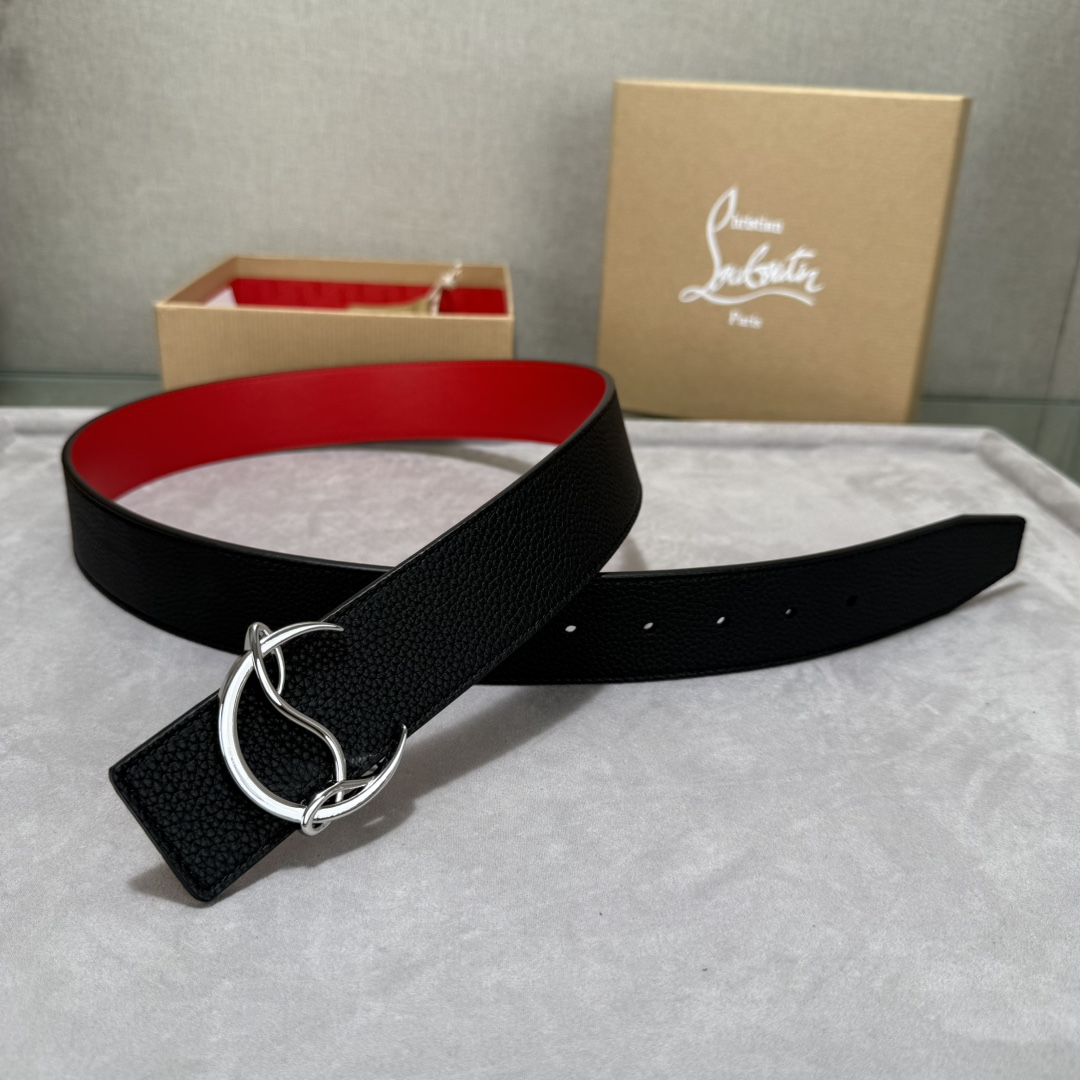  配包装盒3.8宽Christian Louboutin 男士Ricky标志性徽标搭扣黑色腰带红色底，双