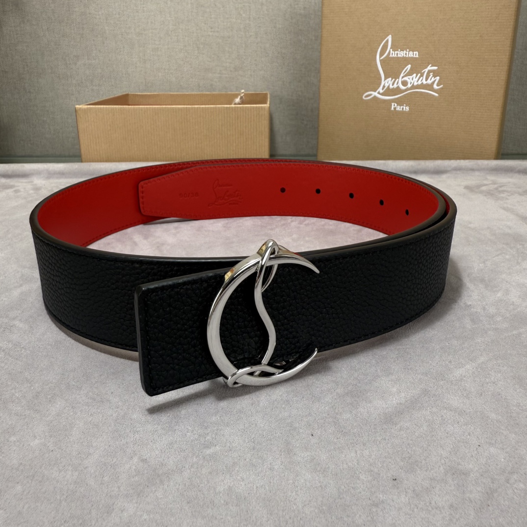  配包装盒3.8宽Christian Louboutin 男士Ricky标志性徽标搭扣黑色腰带红色底，双