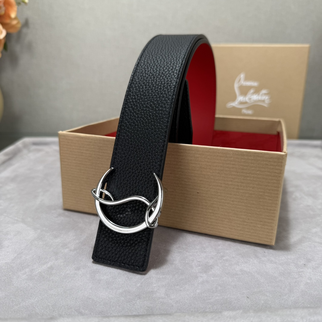  配包装盒3.8宽Christian Louboutin 男士Ricky标志性徽标搭扣黑色腰带红色底，双