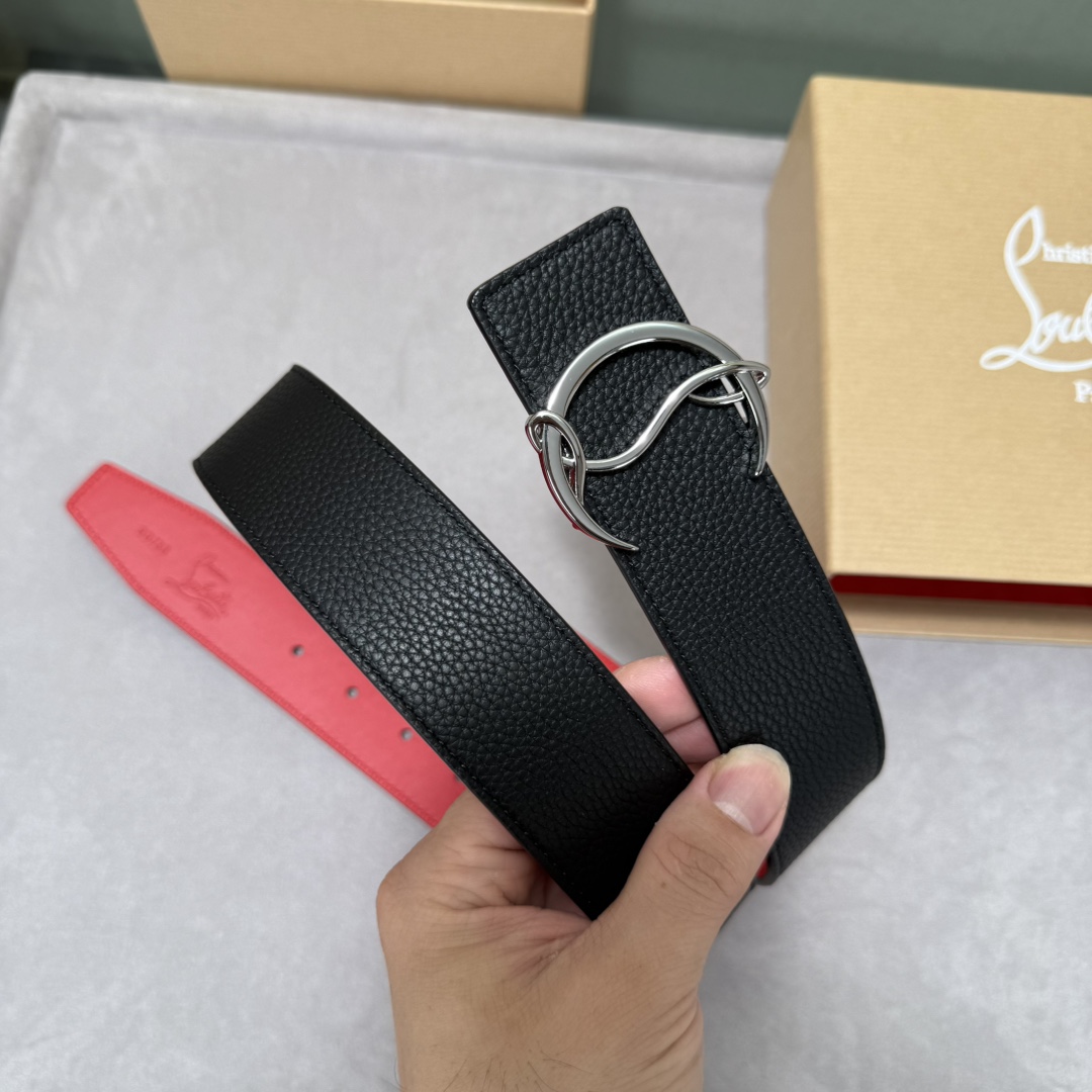  配包装盒3.8宽Christian Louboutin 男士Ricky标志性徽标搭扣黑色腰带红色底，双
