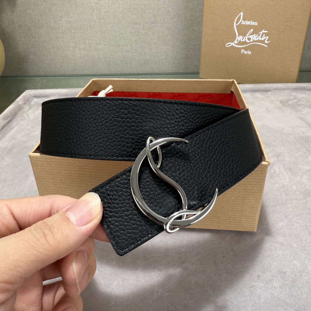  配包装盒3.8宽Christian Louboutin 男士Ricky标志性徽标搭扣黑色腰带红色底，双