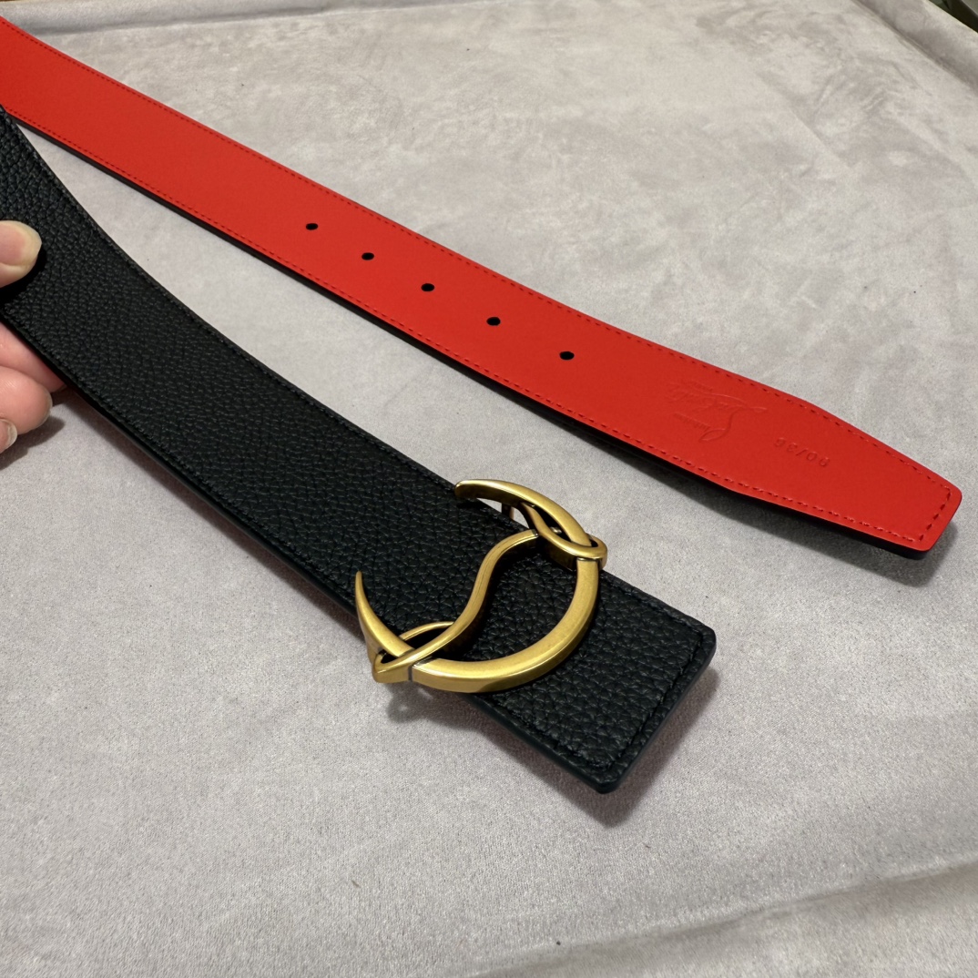  配包装盒3.8宽Christian Louboutin 男士Ricky标志性徽标搭扣黑色腰带红色底，双