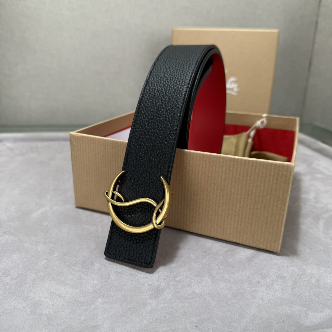  配包装盒3.8宽Christian Louboutin 男士Ricky标志性徽标搭扣黑色腰带红色底，双