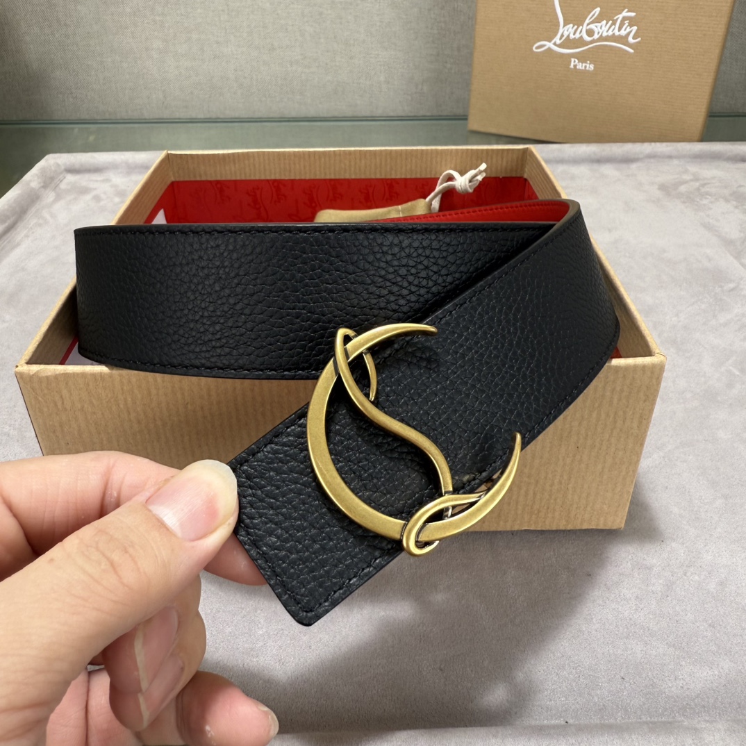  配包装盒3.8宽Christian Louboutin 男士Ricky标志性徽标搭扣黑色腰带红色底，双
