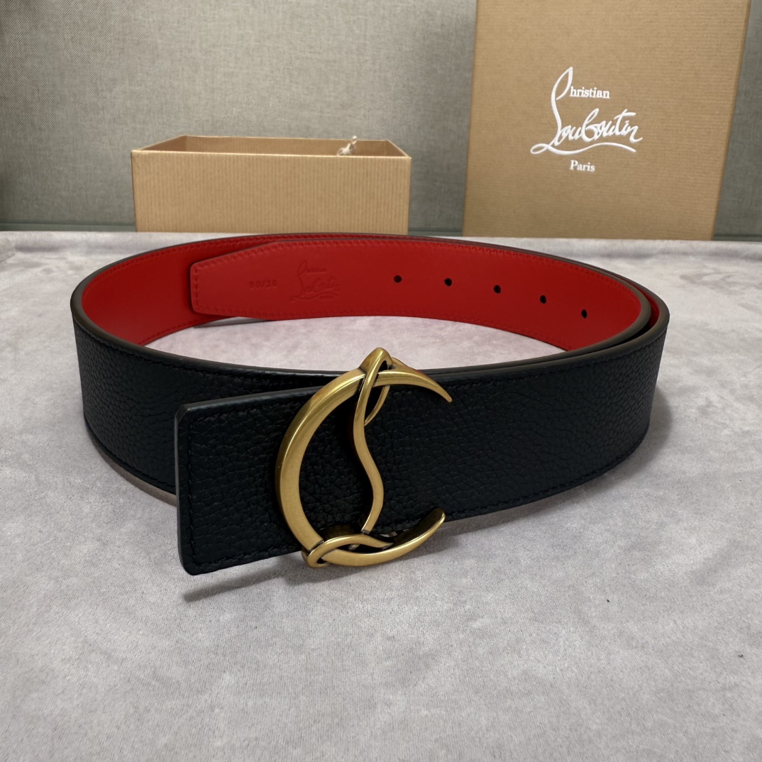  配包装盒3.8宽Christian Louboutin 男士Ricky标志性徽标搭扣黑色腰带红色底，双