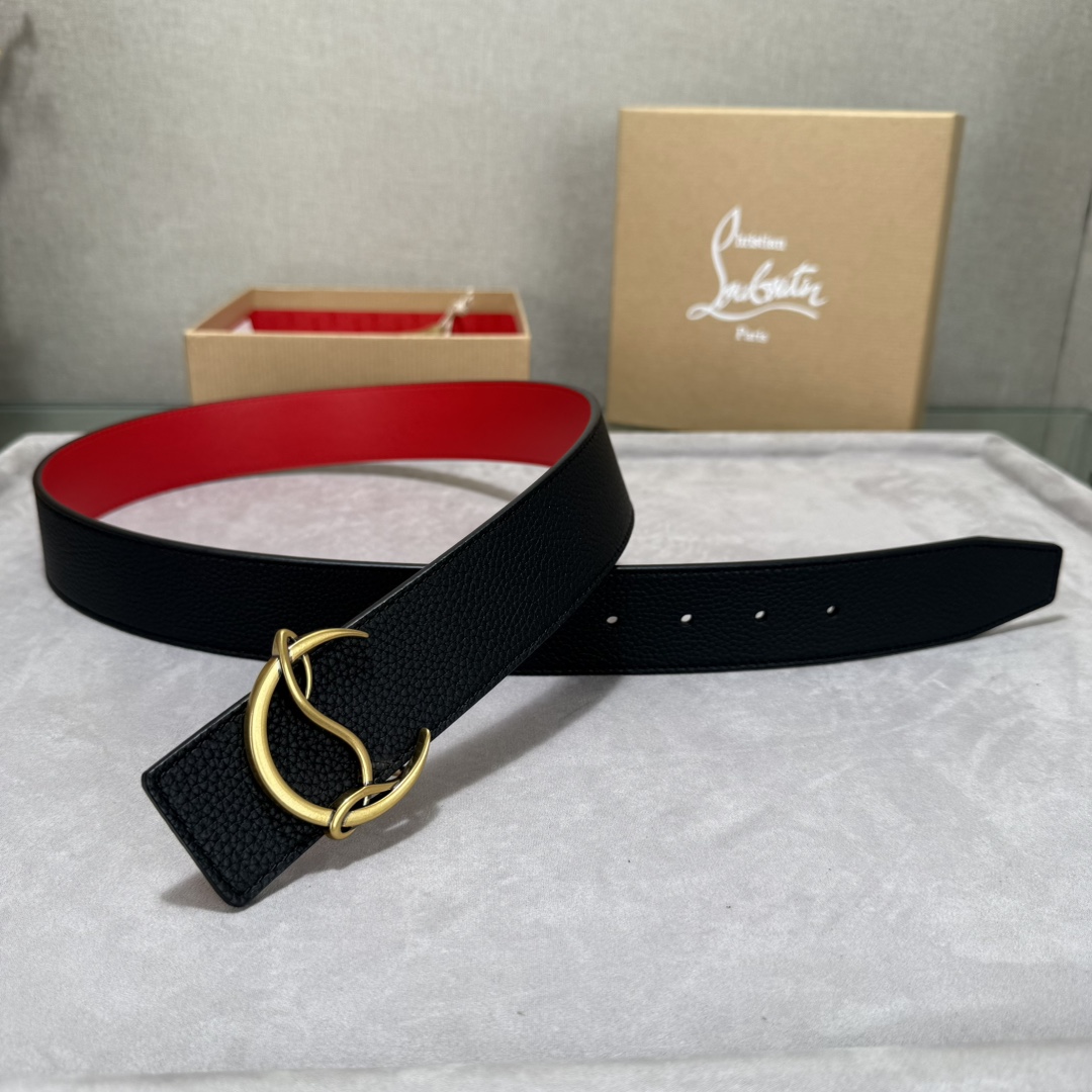  配包装盒3.8宽Christian Louboutin 男士Ricky标志性徽标搭扣黑色腰带红色底，双