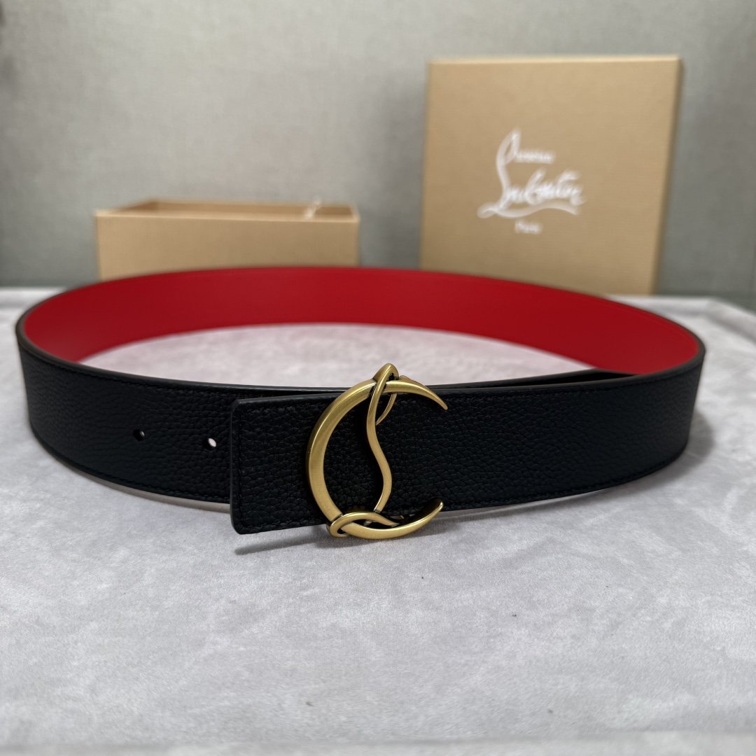  配包装盒3.8宽Christian Louboutin 男士Ricky标志性徽标搭扣黑色腰带红色底，双