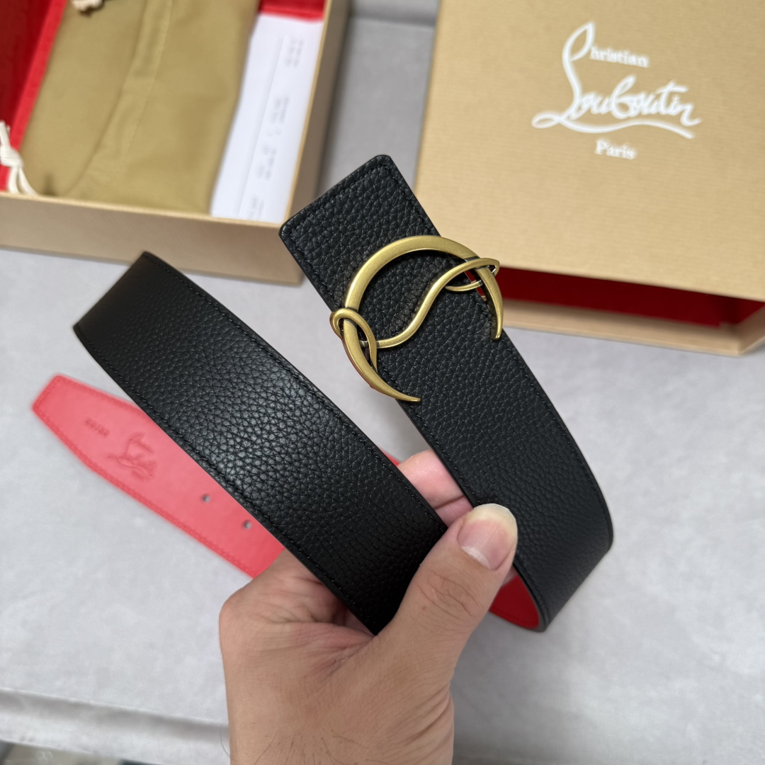  配包装盒3.8宽Christian Louboutin 男士Ricky标志性徽标搭扣黑色腰带红色底，双