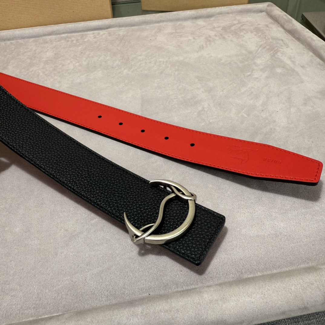  配包装盒3.8宽Christian Louboutin 男士Ricky标志性徽标搭扣黑色腰带红色底，双