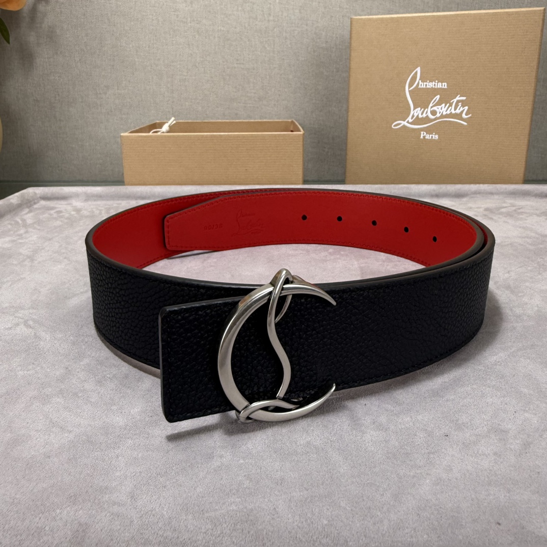  配包装盒3.8宽Christian Louboutin 男士Ricky标志性徽标搭扣黑色腰带红色底，双
