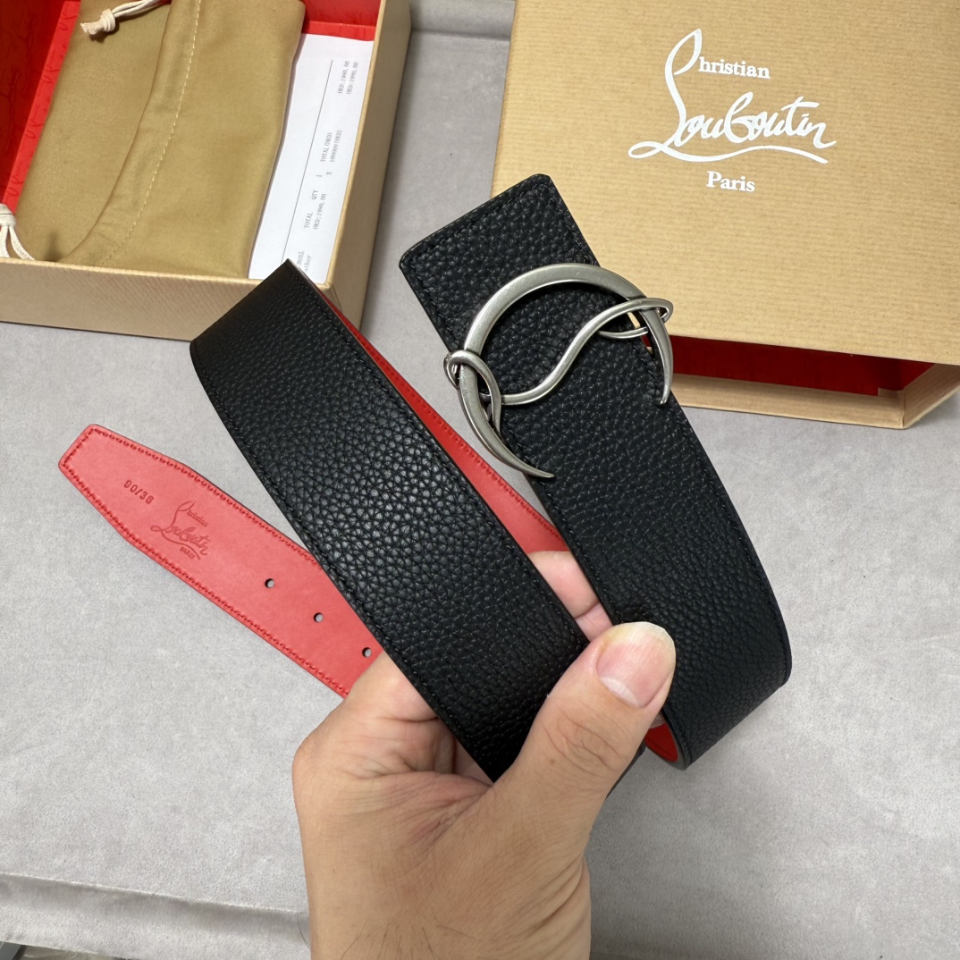  配包装盒3.8宽Christian Louboutin 男士Ricky标志性徽标搭扣黑色腰带红色底，双