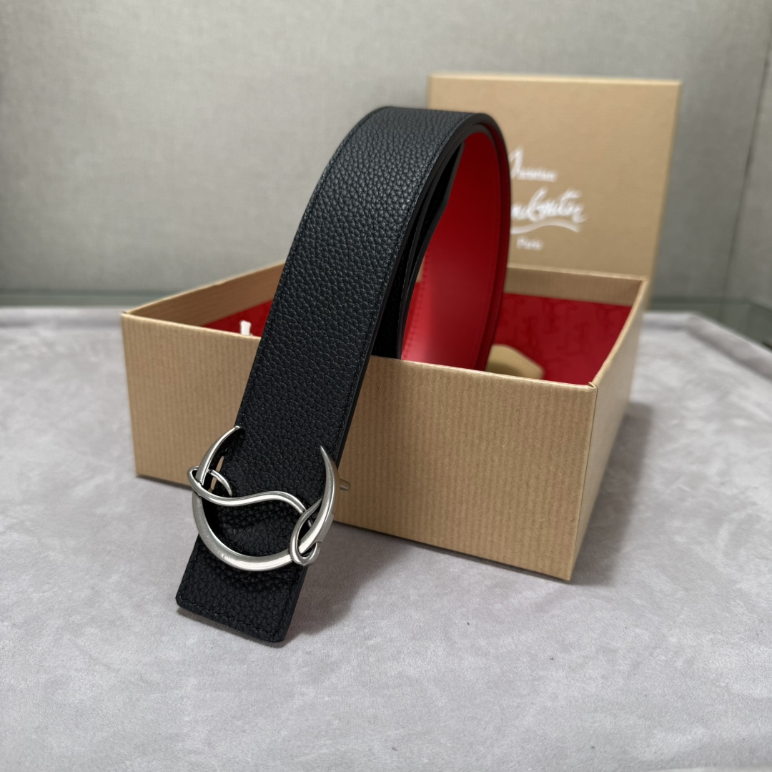  配包装盒3.8宽Christian Louboutin 男士Ricky标志性徽标搭扣黑色腰带红色底，双