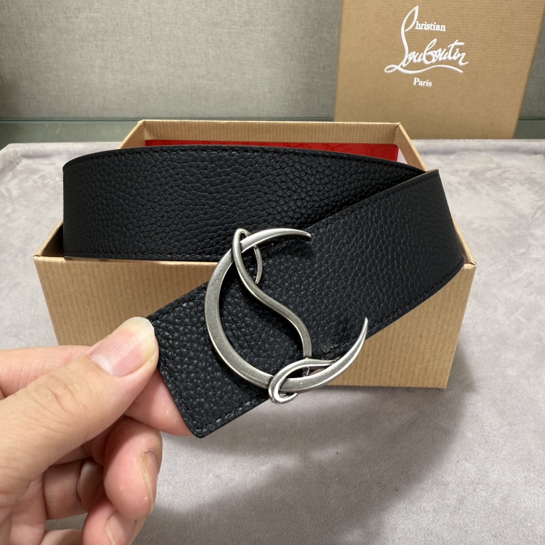  配包装盒3.8宽Christian Louboutin 男士Ricky标志性徽标搭扣黑色腰带红色底，双