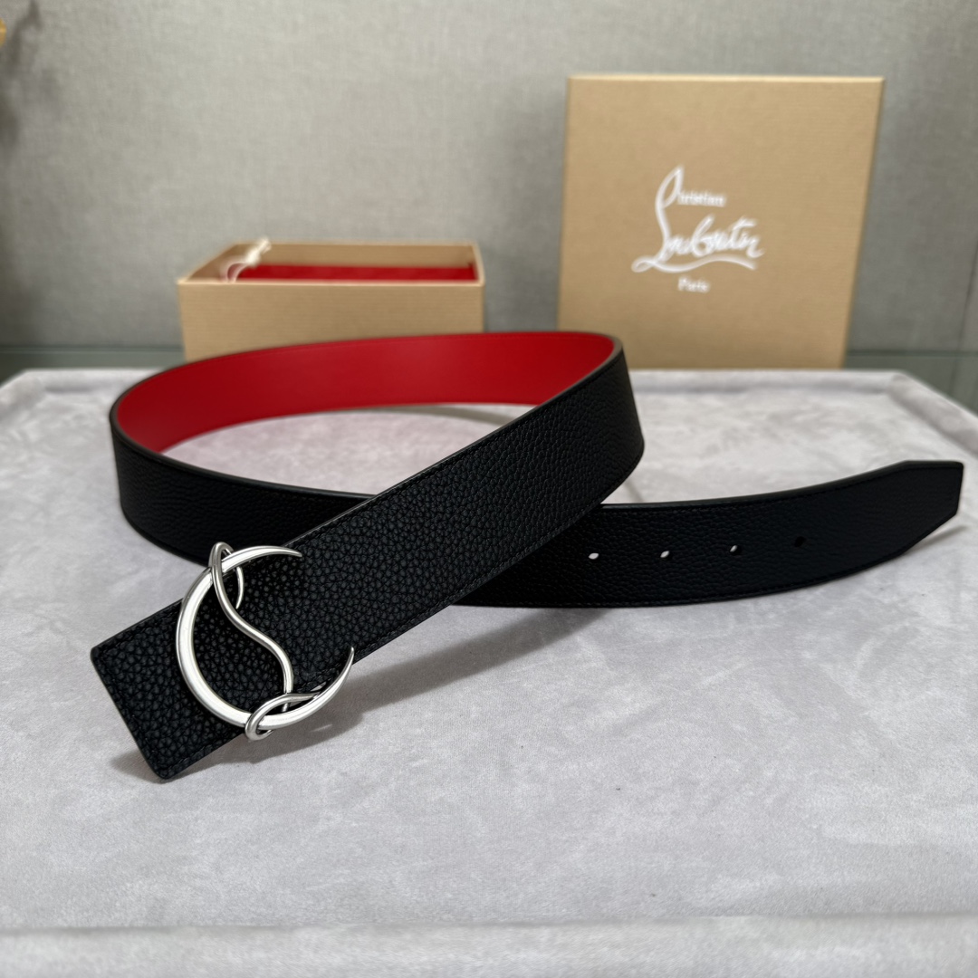  配包装盒3.8宽Christian Louboutin 男士Ricky标志性徽标搭扣黑色腰带红色底，双