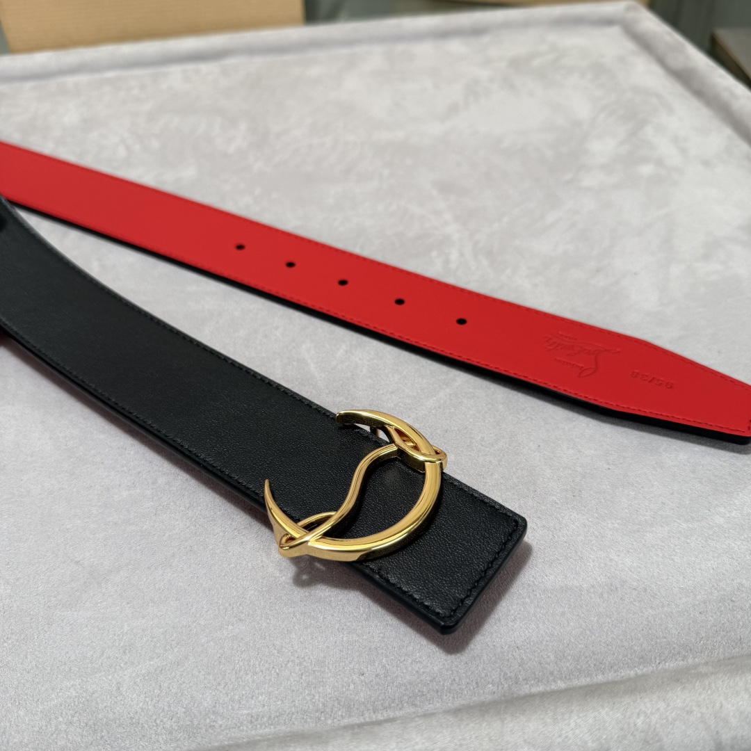  配包装盒3.8宽Christian Louboutin 男士Ricky标志性徽标搭扣黑色腰带红色底，双