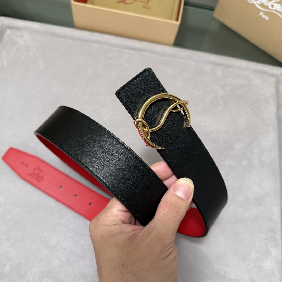  配包装盒3.8宽Christian Louboutin 男士Ricky标志性徽标搭扣黑色腰带红色底，双