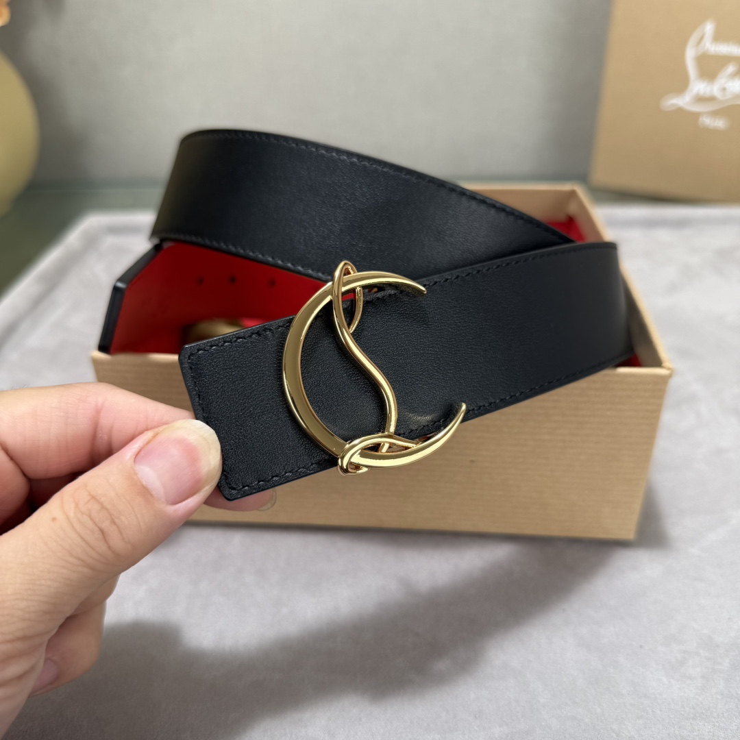  配包装盒3.8宽Christian Louboutin 男士Ricky标志性徽标搭扣黑色腰带红色底，双