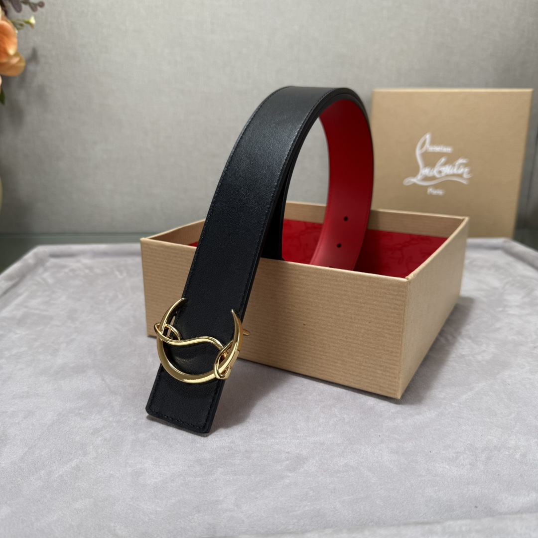  配包装盒3.8宽Christian Louboutin 男士Ricky标志性徽标搭扣黑色腰带红色底，双