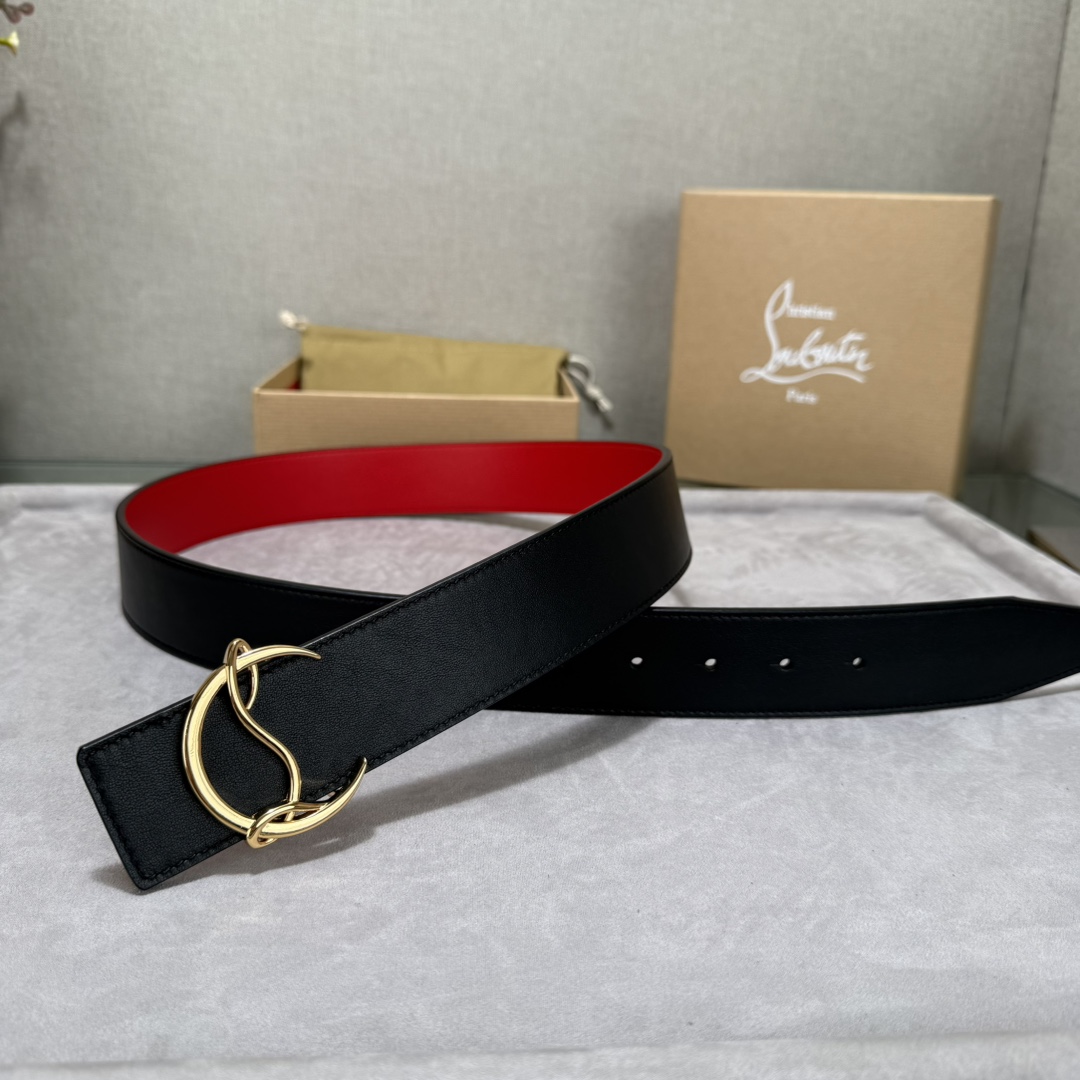  配包装盒3.8宽Christian Louboutin 男士Ricky标志性徽标搭扣黑色腰带红色底，双