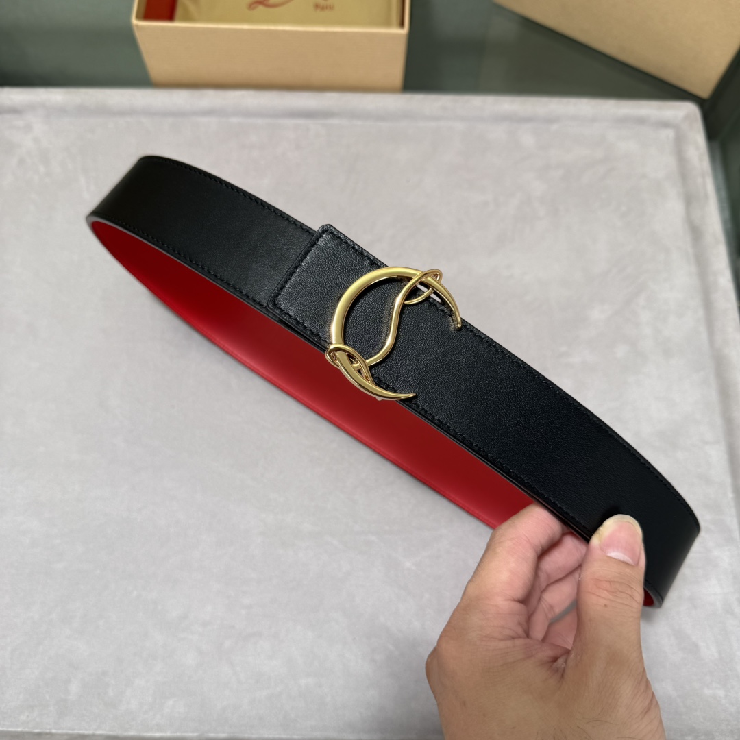  配包装盒3.8宽Christian Louboutin 男士Ricky标志性徽标搭扣黑色腰带红色底，双