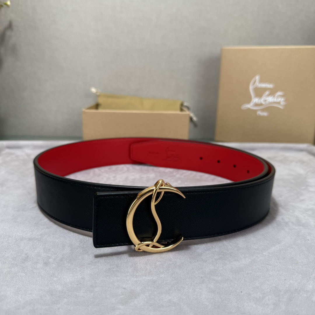  配包装盒3.8宽Christian Louboutin 男士Ricky标志性徽标搭扣黑色腰带红色底，双