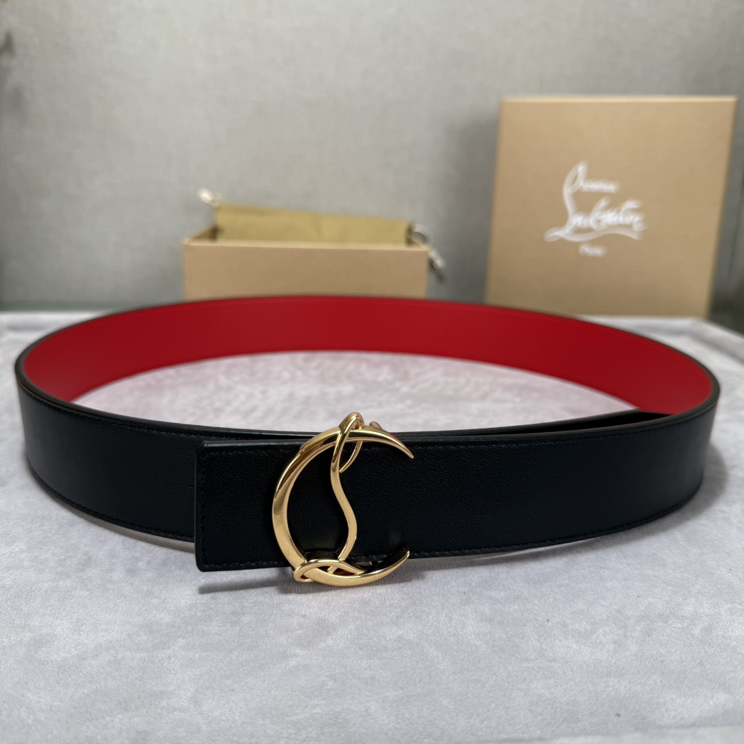  配包装盒3.8宽Christian Louboutin 男士Ricky标志性徽标搭扣黑色腰带红色底，双