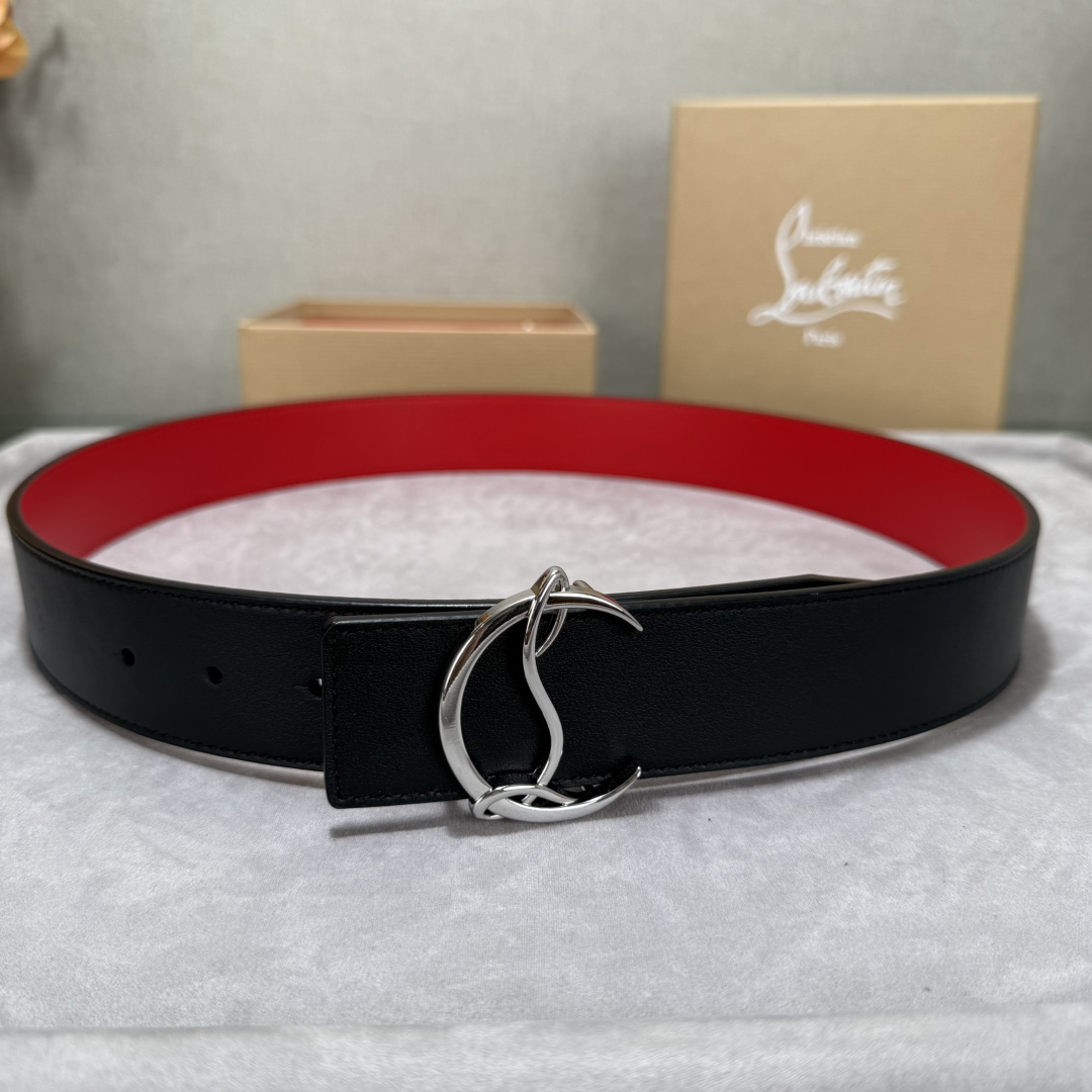  配包装盒3.8宽Christian Louboutin 男士Ricky标志性徽标搭扣黑色腰带红色底，双
