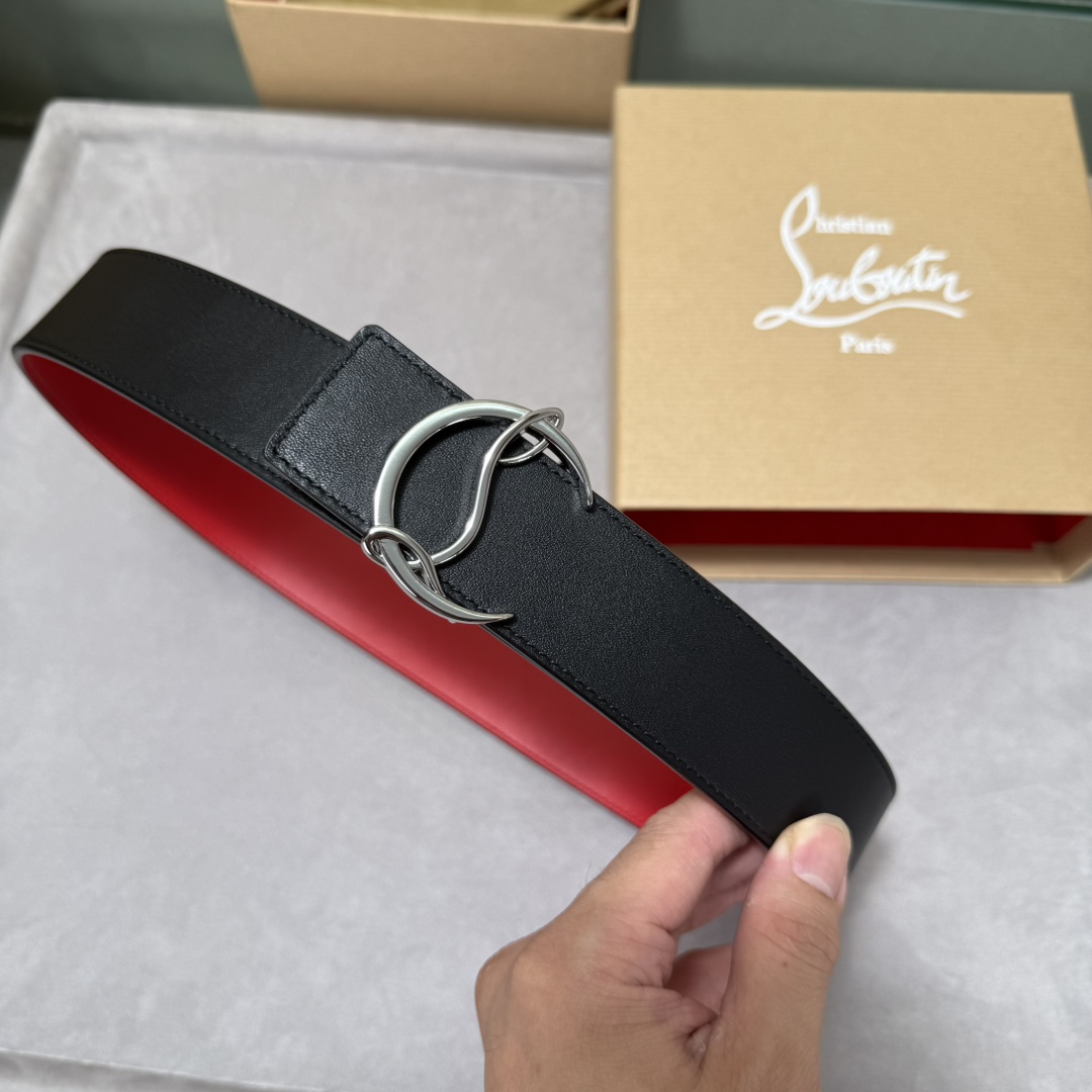  配包装盒3.8宽Christian Louboutin 男士Ricky标志性徽标搭扣黑色腰带红色底，双