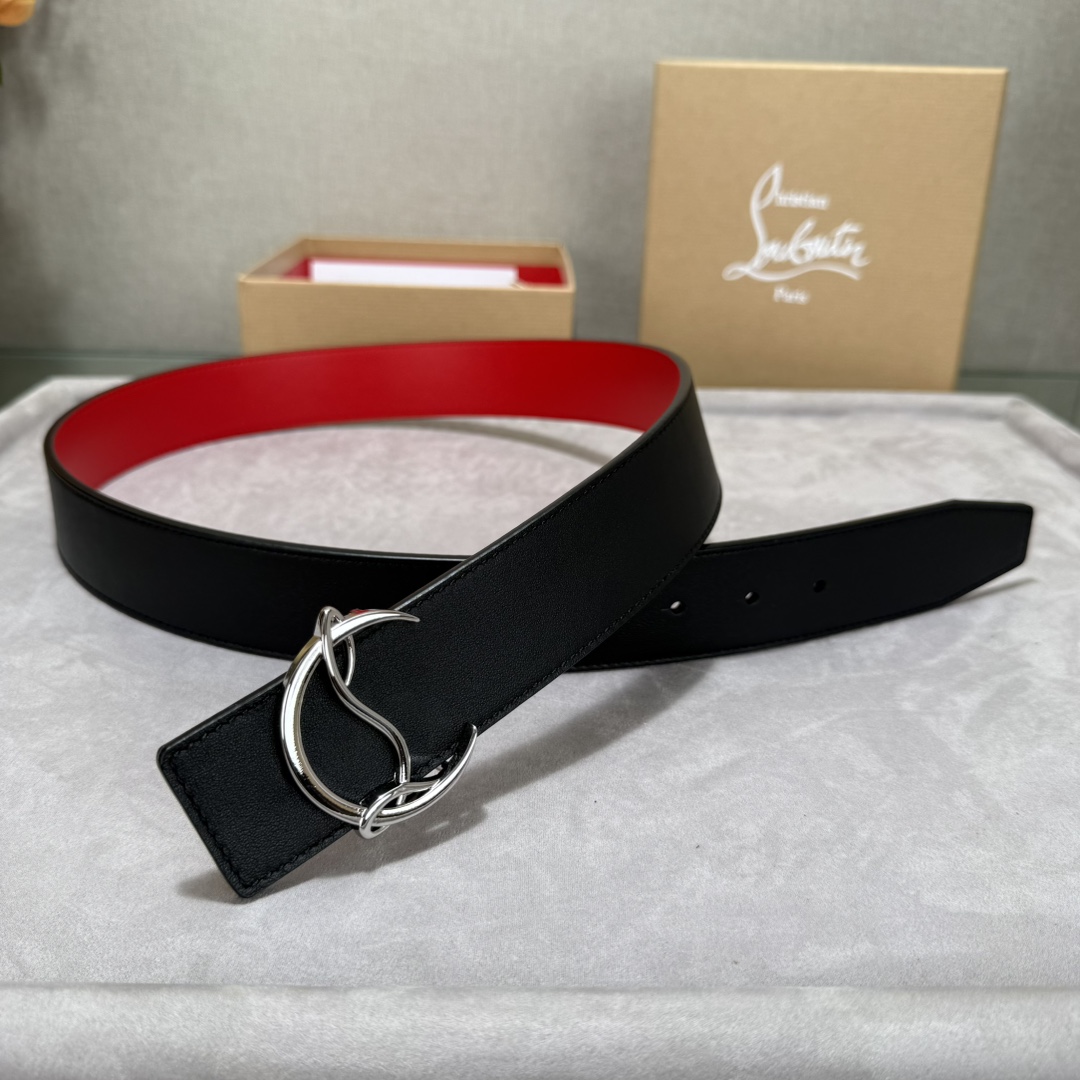  配包装盒3.8宽Christian Louboutin 男士Ricky标志性徽标搭扣黑色腰带红色底，双