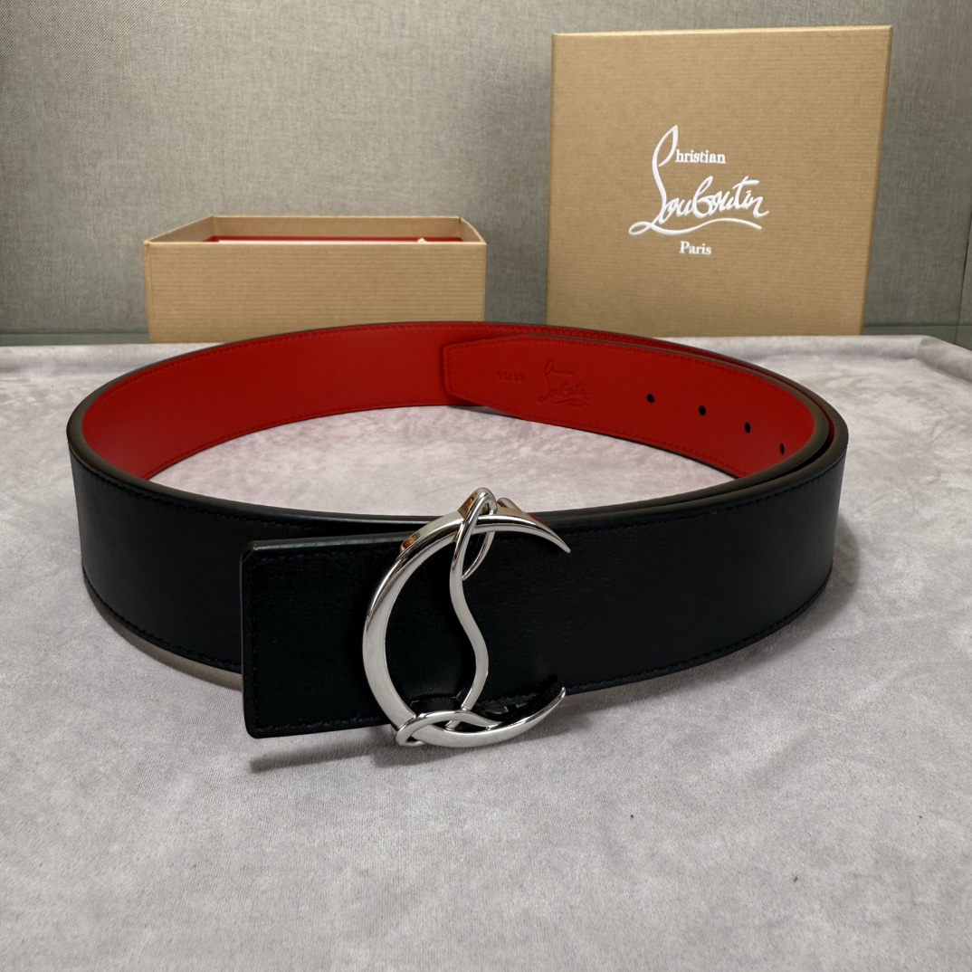  配包装盒3.8宽Christian Louboutin 男士Ricky标志性徽标搭扣黑色腰带红色底，双