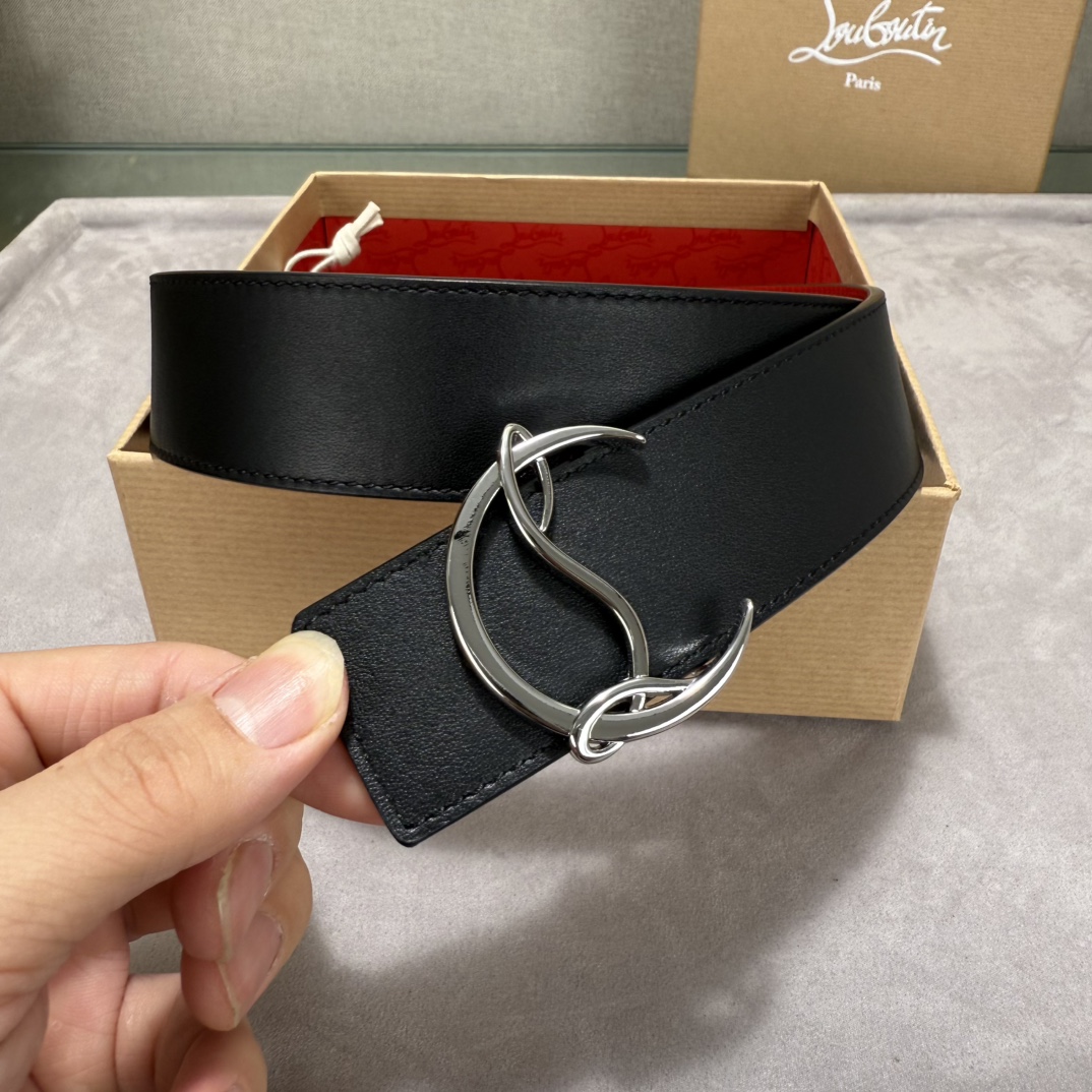  配包装盒3.8宽Christian Louboutin 男士Ricky标志性徽标搭扣黑色腰带红色底，双