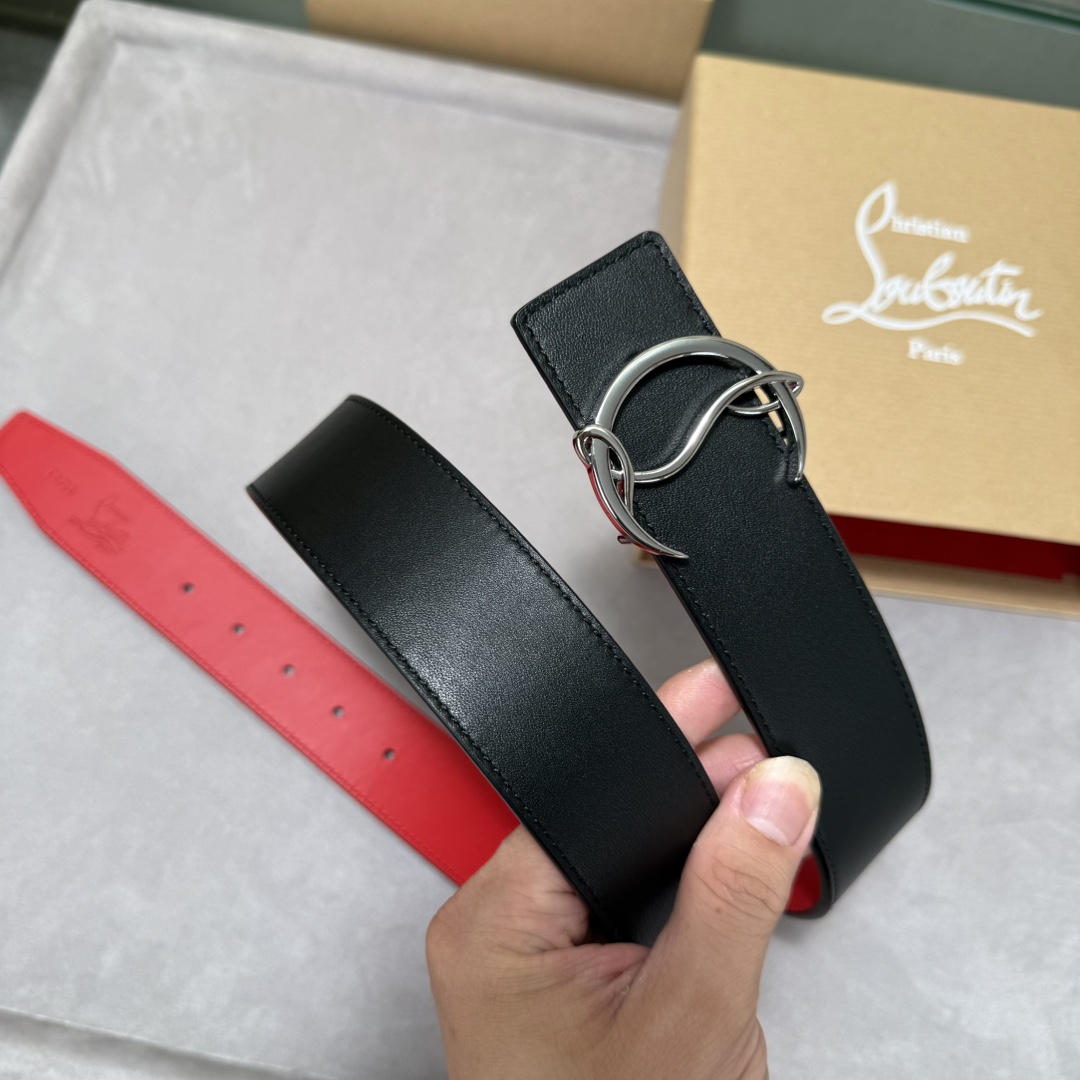  配包装盒3.8宽Christian Louboutin 男士Ricky标志性徽标搭扣黑色腰带红色底，双