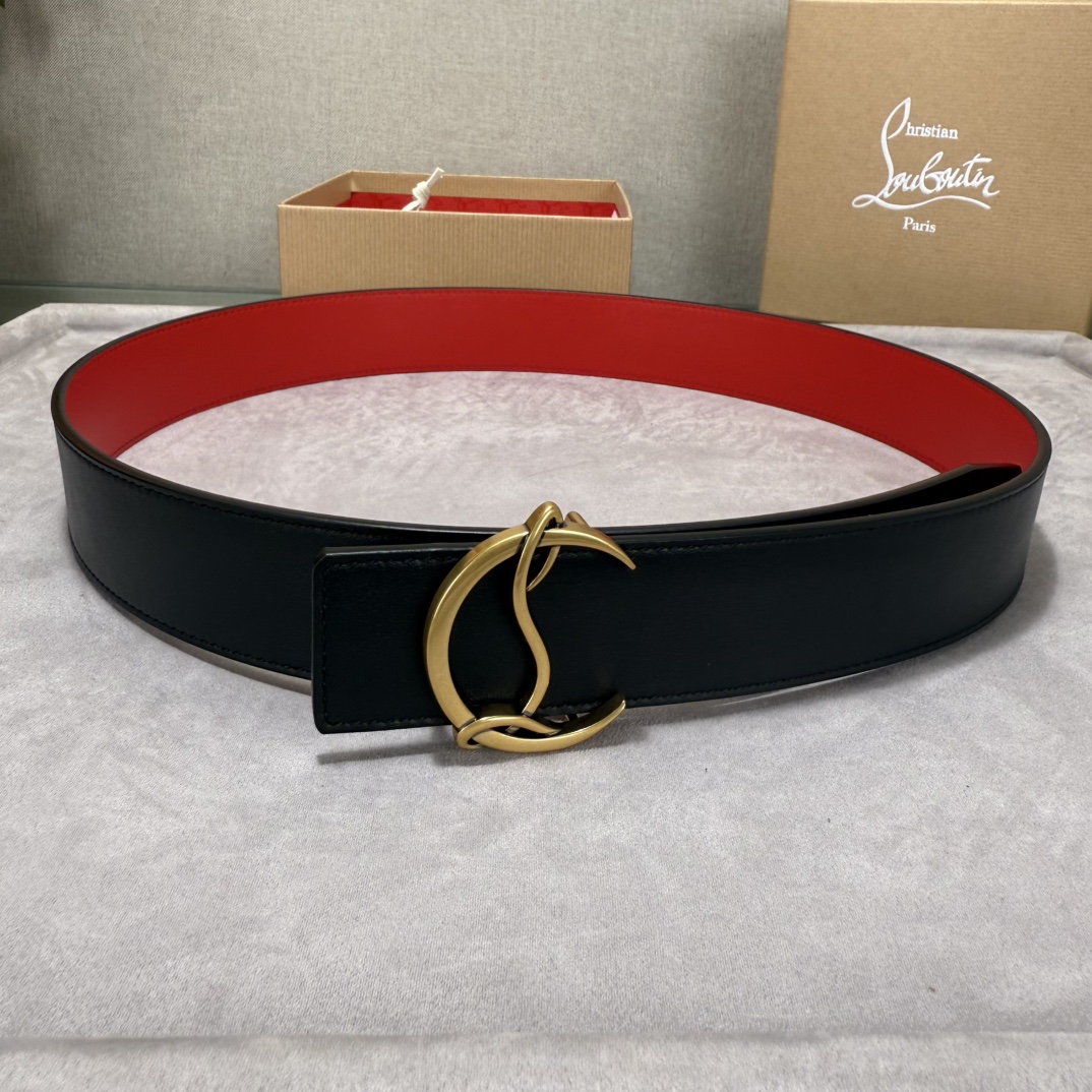  配包装盒3.8宽Christian Louboutin 男士Ricky标志性徽标搭扣黑色腰带红色底，双
