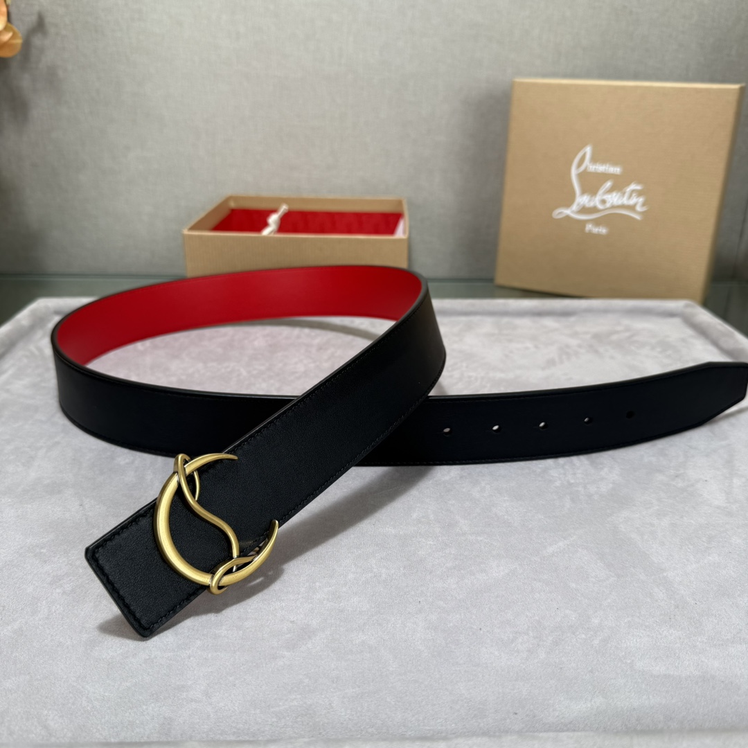  配包装盒3.8宽Christian Louboutin 男士Ricky标志性徽标搭扣黑色腰带红色底，双